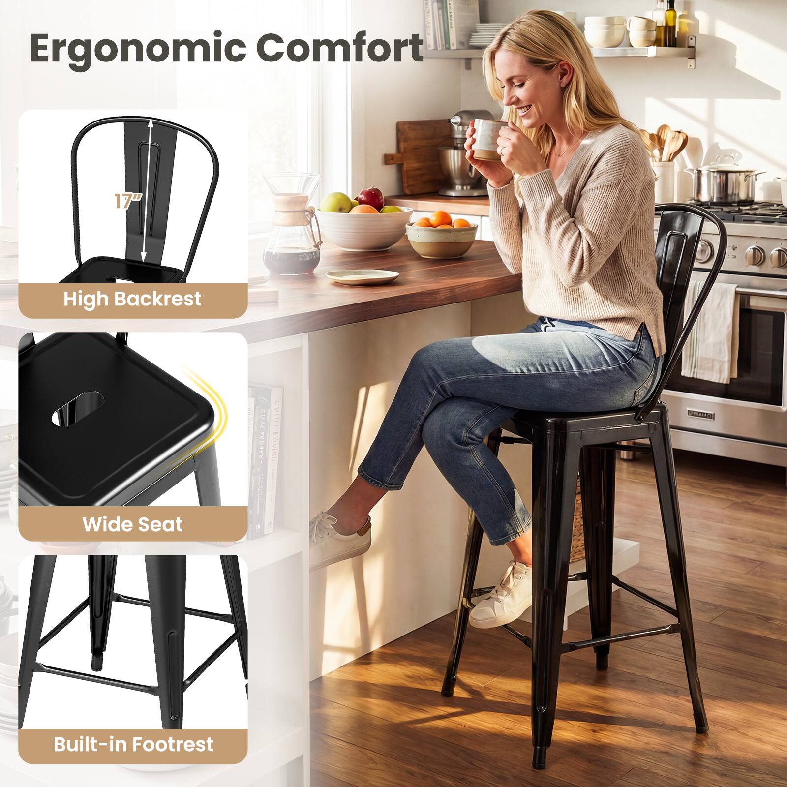 Ergonomic Comfort  
17" High Backrest  
Wide Seat  
Built-in Footrest