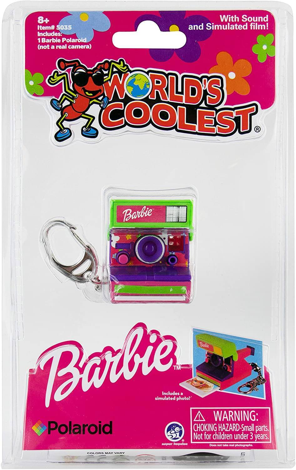8+  
Item# 5035  
Includes: 1 Barbie Polaroid (not a real camera)  
WORLD'S COOLEST R  
Barbie Balie Barbie simulated Includes TM photo!  
With Sound and Simulated film!  
WARNING: Polaroid CHOKING HAZARD-Small parts. Not for children under 3 years.  
Does not take real photographs.  
COLORS MAY VARY