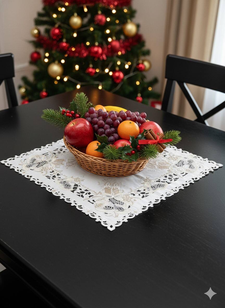 Left. Jiallo - Christmas Candle Beige Lace Embroidered Cutwork Square tablecloth, 36 inch Square Table Linen - Beige.