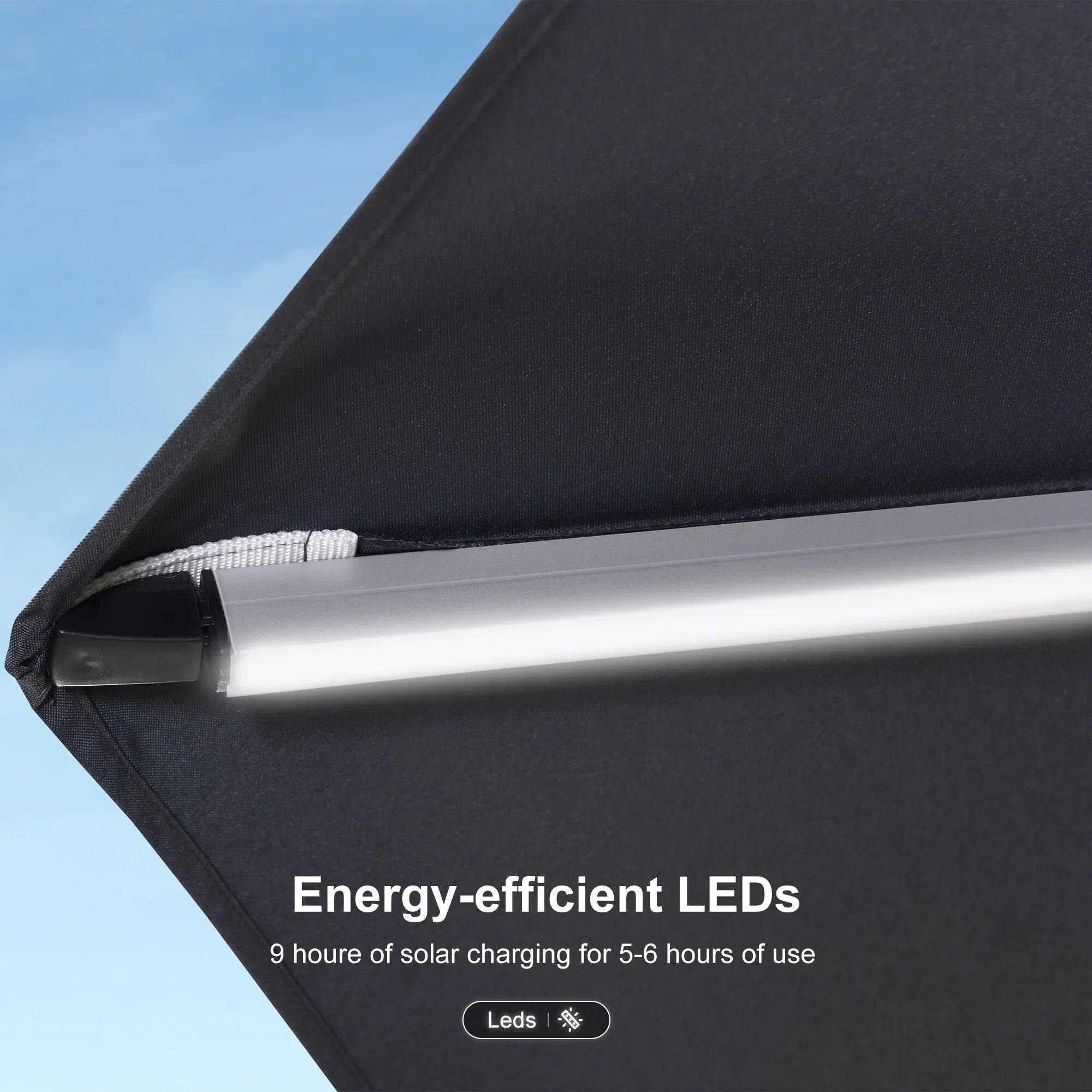 Energy-efficient LEDs  
9 hours of solar charging for 5-6 hours of use  
Leds