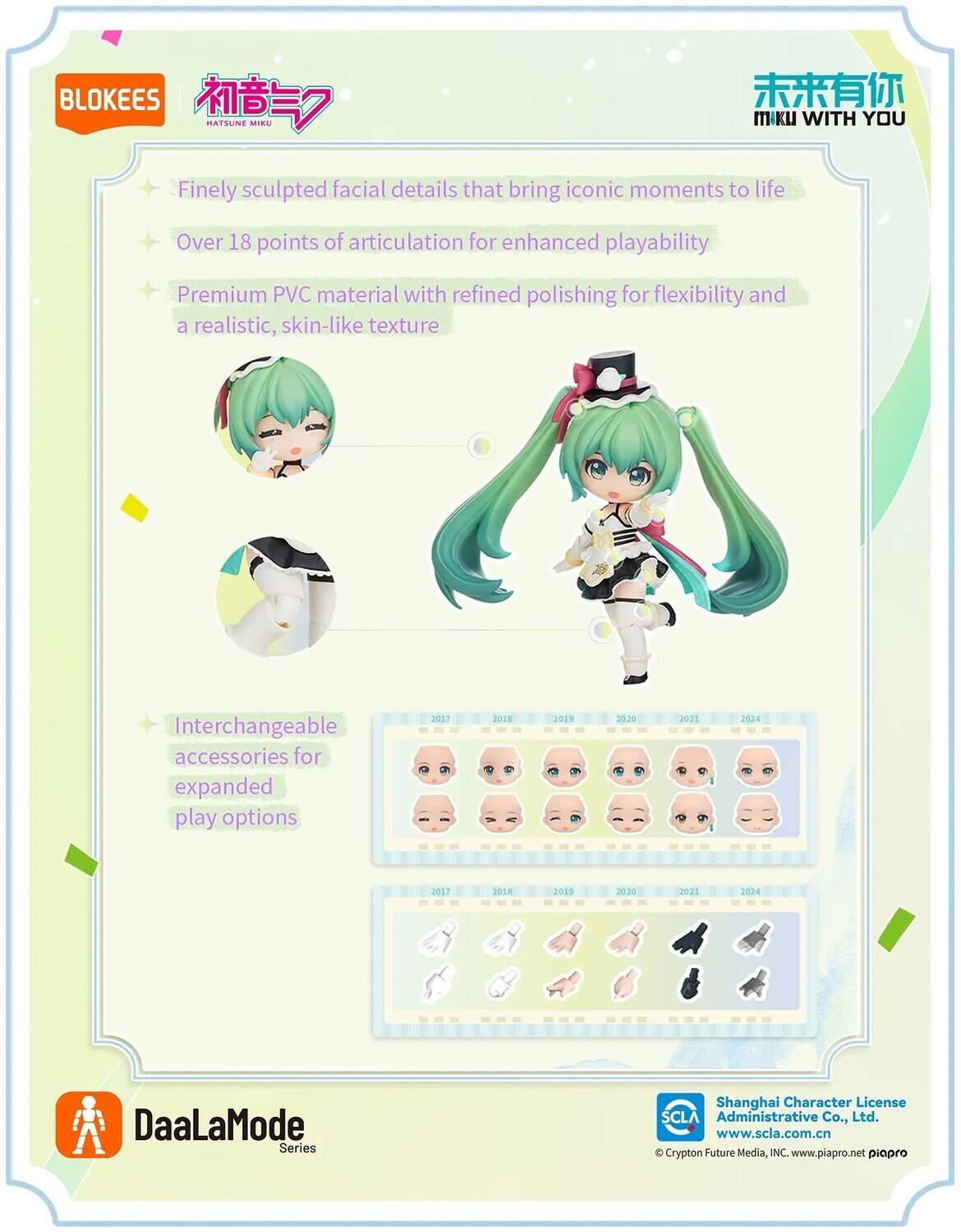 BLOKEES  
HATSUNE MIKU  
MIKU WITH YOU  

Finely sculpted facial details that bring iconic moments to life  
Over 18 points of articulation for enhanced playability  
Premium PVC material with refined polishing for flexibility and a realistic, skin-like texture  
Interchangeable accessories for expanded play options  

2017  
2018  
2019  
2020  
2021  
2024  

DaaLaMode Series  
Shanghai Character License SCLA Administrative Co., Ltd. www.scla.com.cn  
© Crypton Future Media, INC. www.piapro.net piapro