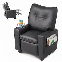 Costway - Kids Recliner for Ages 3+, PU Leather Push Back Toddler Sofa with Cup Holder - Black