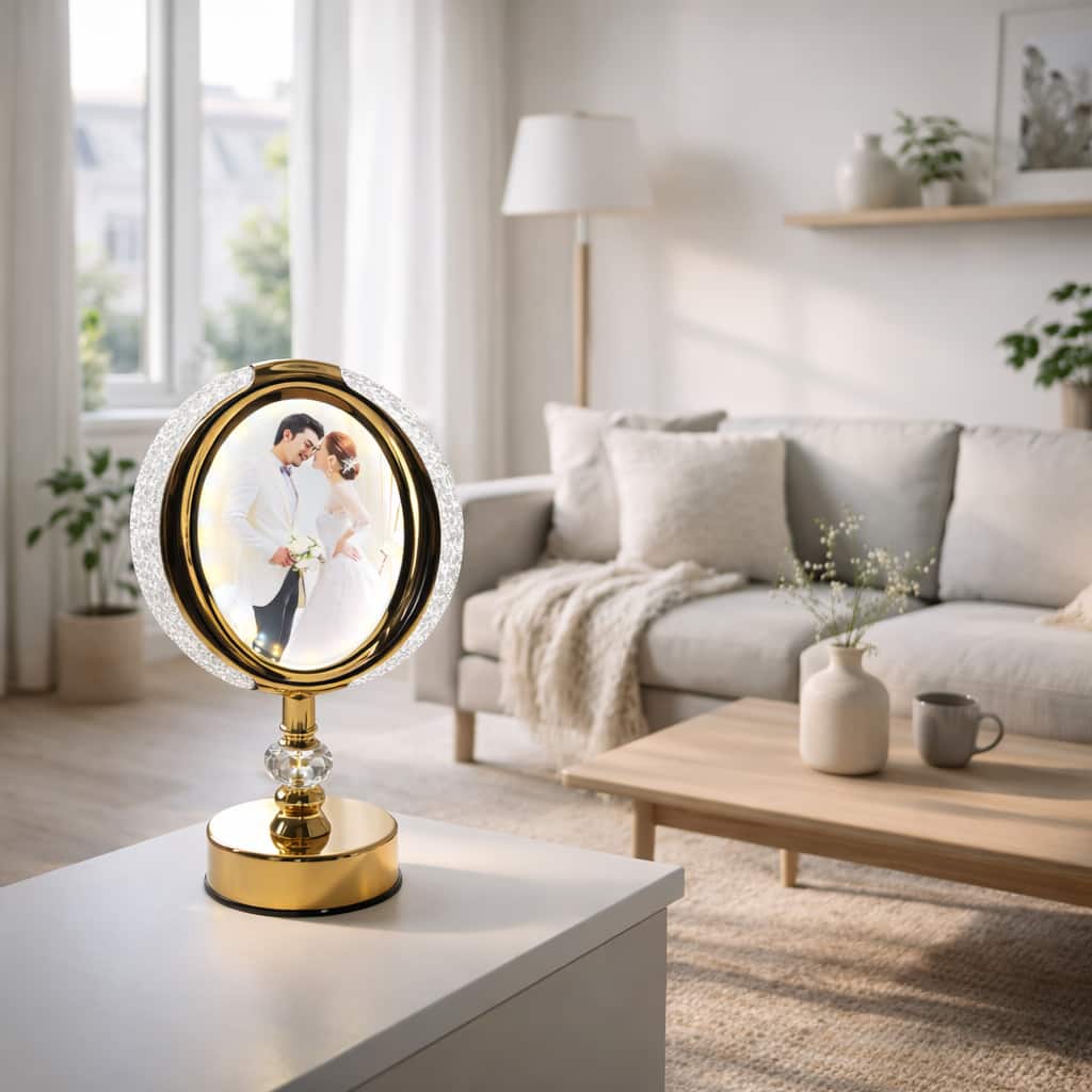 FC Design - 14"H Golden Base Oval Photo Frame Touch Lamp, 3-Color LED Decorative Light Accent