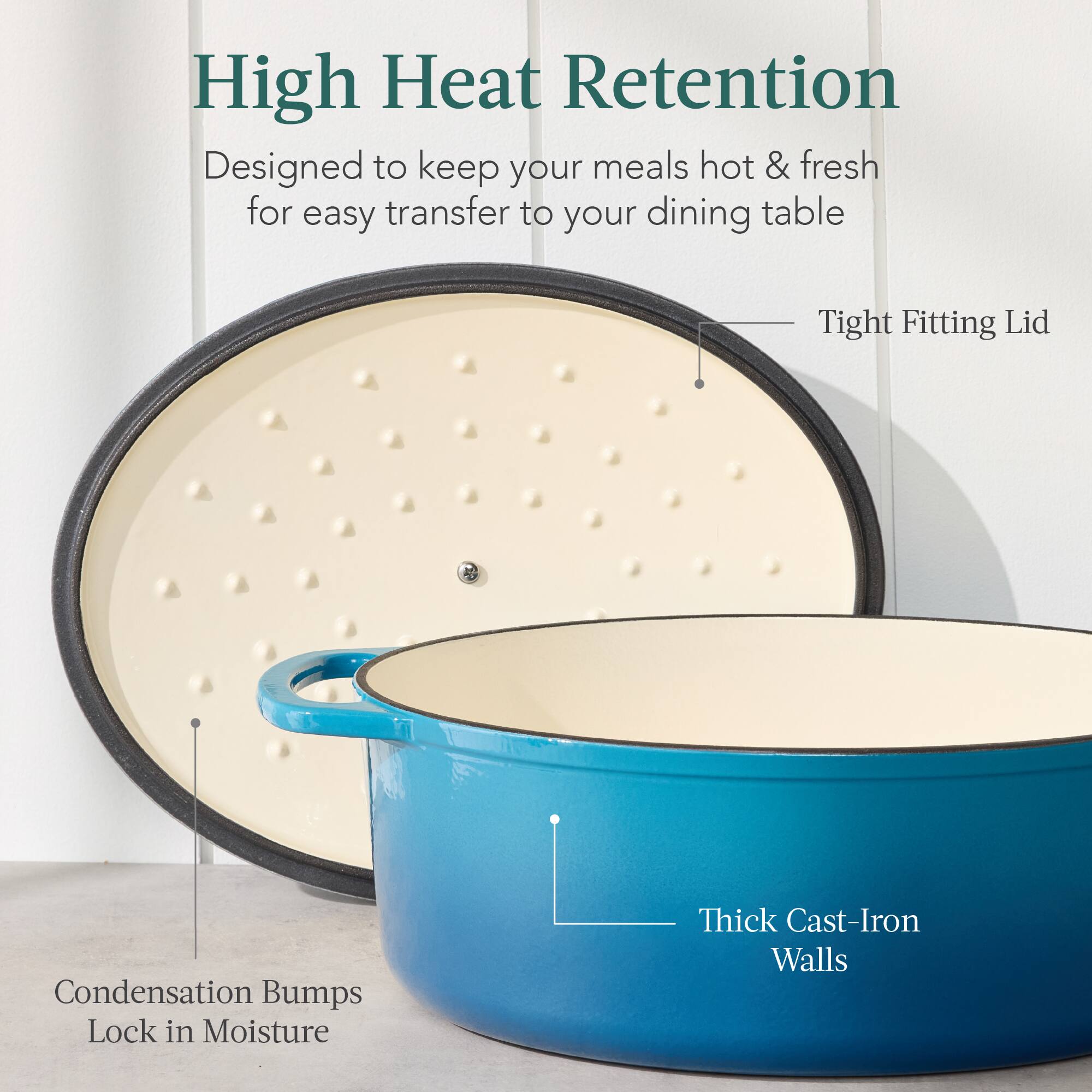 High Heat Retention  
Designed to keep your meals hot & fresh for easy transfer to your dining table  

Tight Fitting Lid  
Condensation Bumps Lock in Moisture  
Thick Cast-Iron Walls