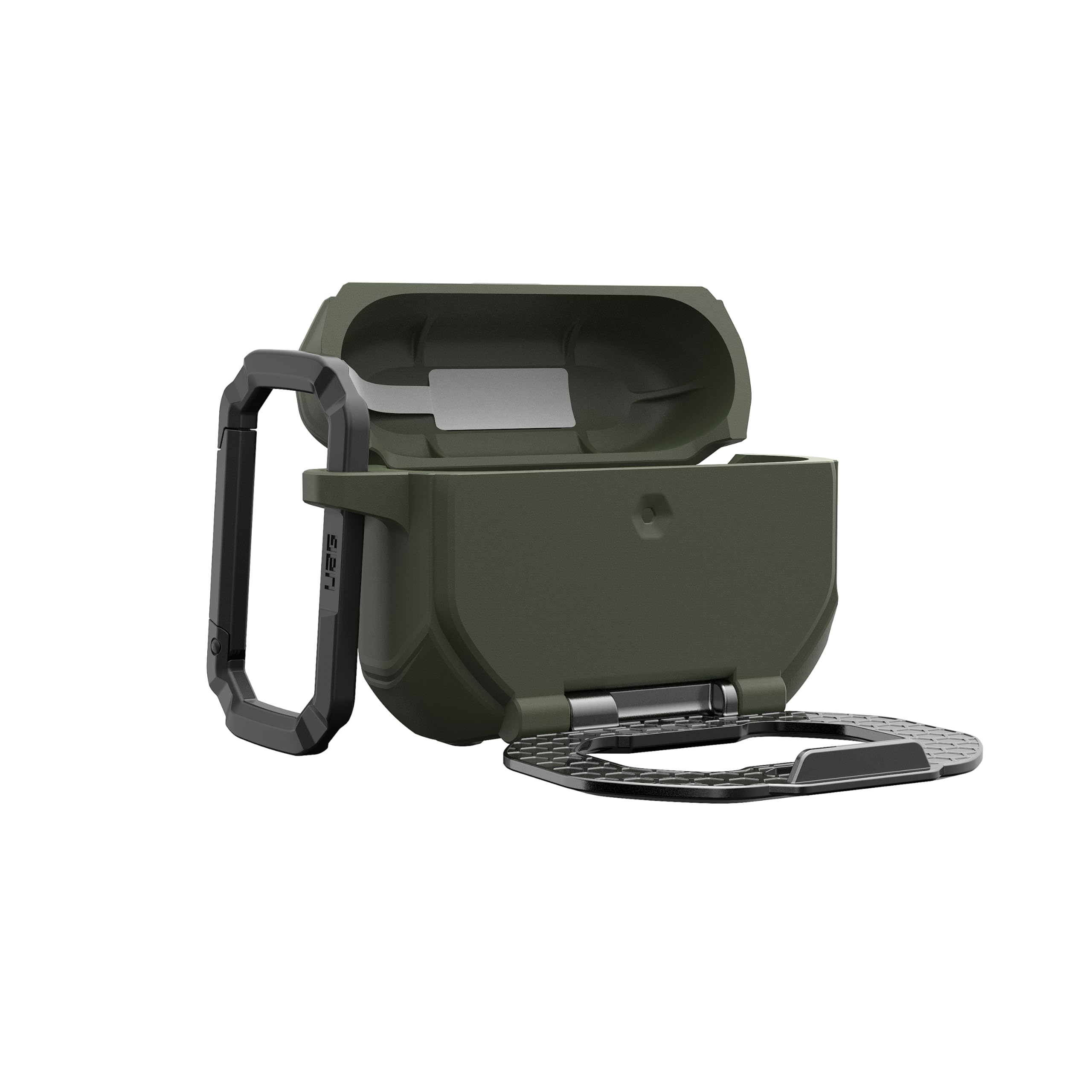 Alt View 8. UAG - AirPods Pro 3rd Gen Case w/ Built-in Phone Stand & Detachable Carabiner Clip, Rugged Protective Cover, Monarch - Olive Drab/Silver.