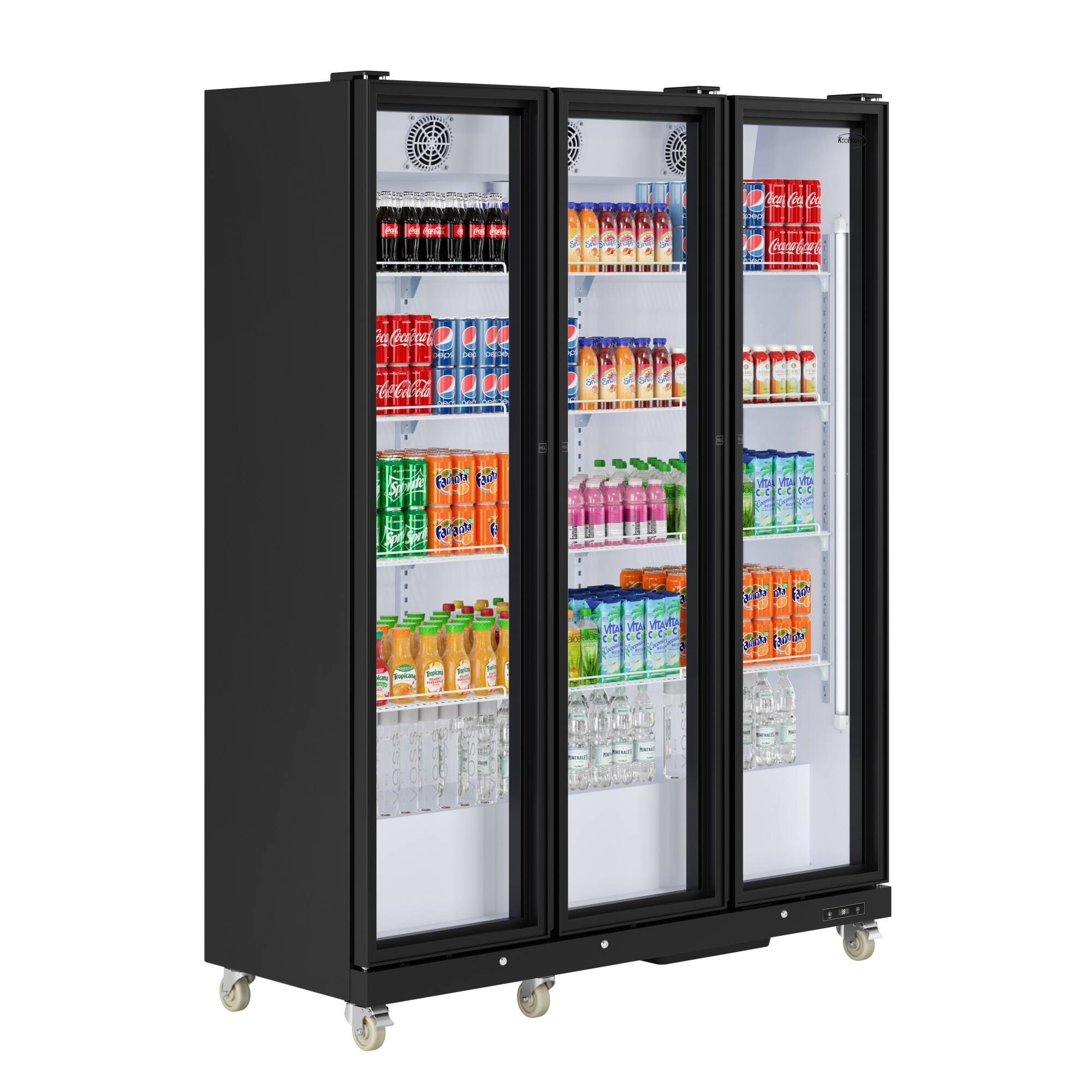 The image shows a refrigerator with two doors open, revealing a variety of drinks stored inside. There are multiple bottles of different sizes and shapes, including some that are placed in the door compartments. The refrigerator is filled with a diverse assortment of beverages, providing a wide selection for consumption.
