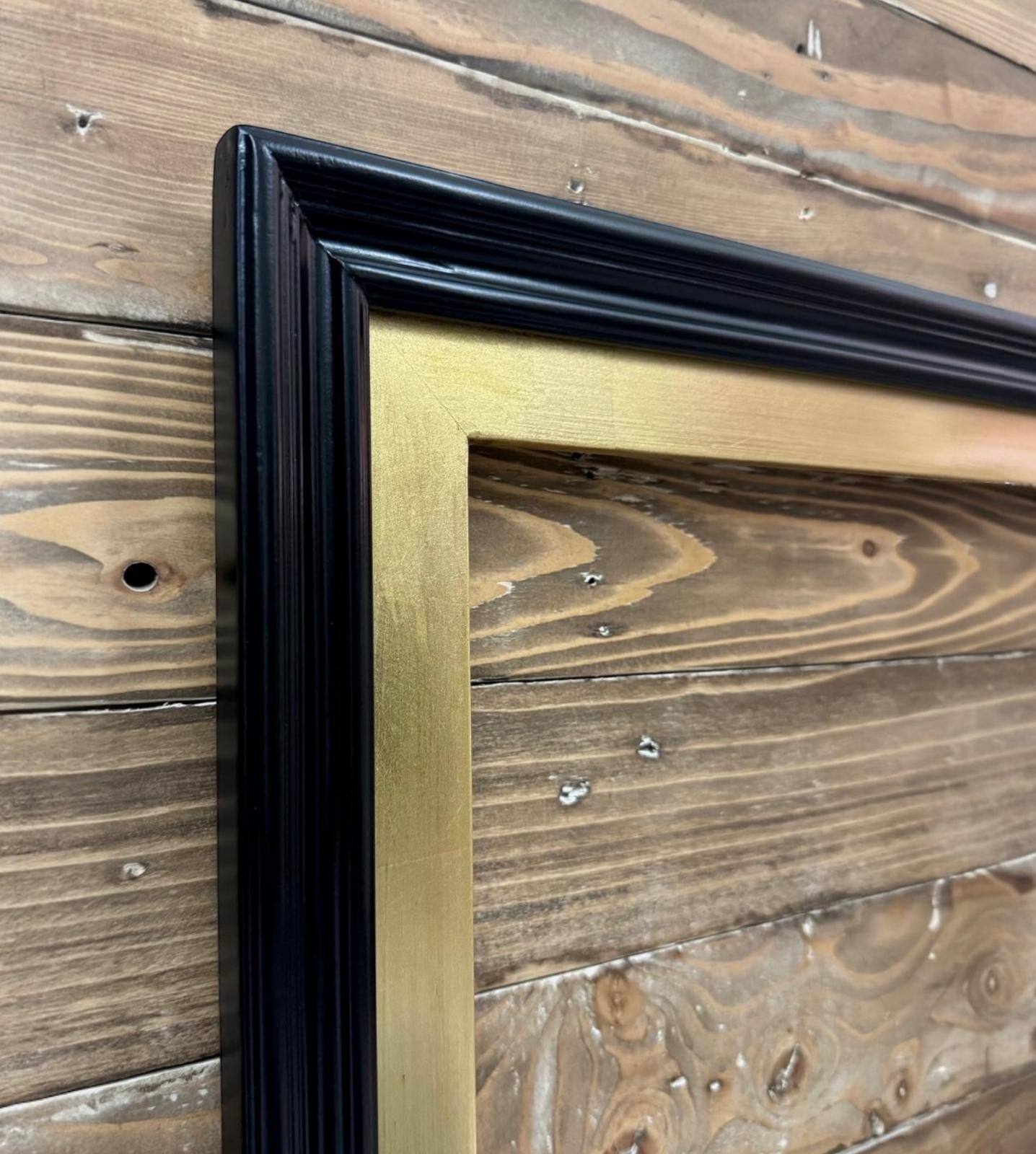 Alt View 1. LAREDO FRAME FACTORY - 75 inch Handmade Tv Frame For TCL A300W NXTVISION Tv - SATIN BLACK WITH GOLD LEAF.