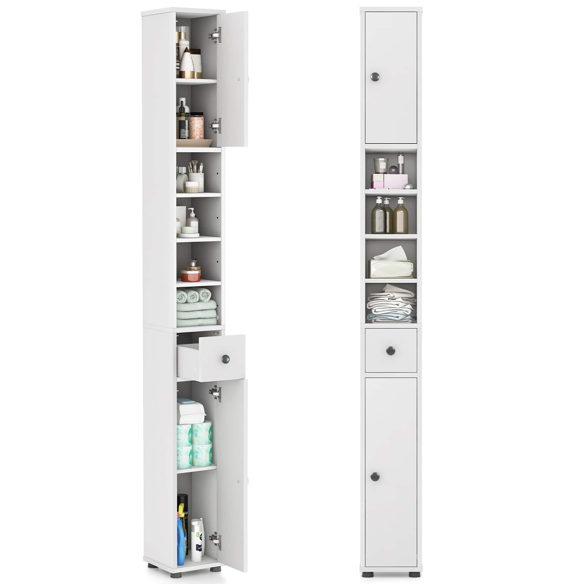 Front. Gymax - Gymax Tall Slim Bathroom Storage Cabinet Linen Tower w/ Drawer & Adjustable Shelves - White.