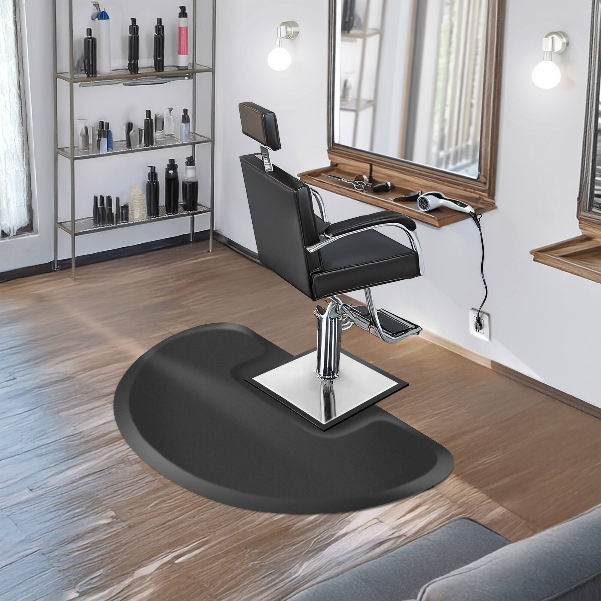 Alt View 6. Saloniture - 3 x 5-ft Salon and Barber Anti-Fatigue Floor Mat 1/2-in Semi-Circle - Black.