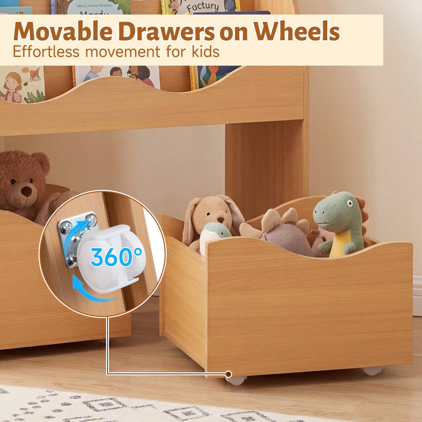 Movable Drawers on Wheels  
Effortless movement for kids  
360°