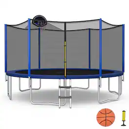 Gymax - 14FT Outdoor Large Trampoline Safety Enclosure Net w/ Basketball - Blue + Black
