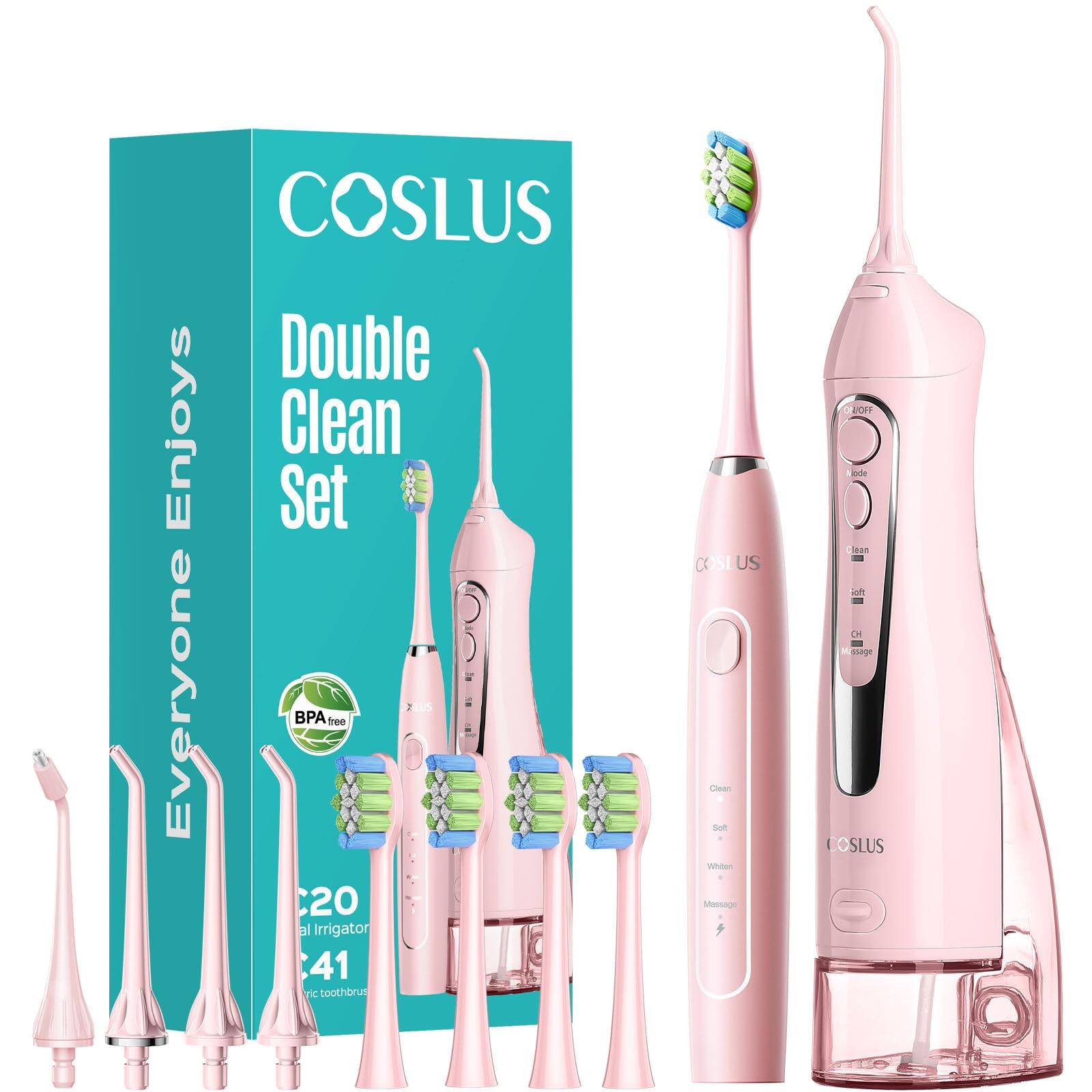 COSLUS Double Clean Set Everyone BPA free 2S 20 el Irrigator 41 TiC toothbrush COSLUS Chea Sot Whiter Massage COH kinde ean lf D4 M_ssege
