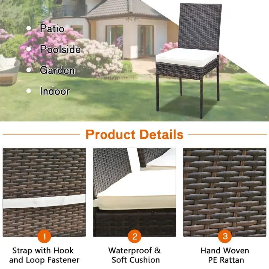 Product Details:

1. Strap with Hook and Loop Fastener
2. Waterproof & Soft Cushion
3. Hand Woven PE Rattan
