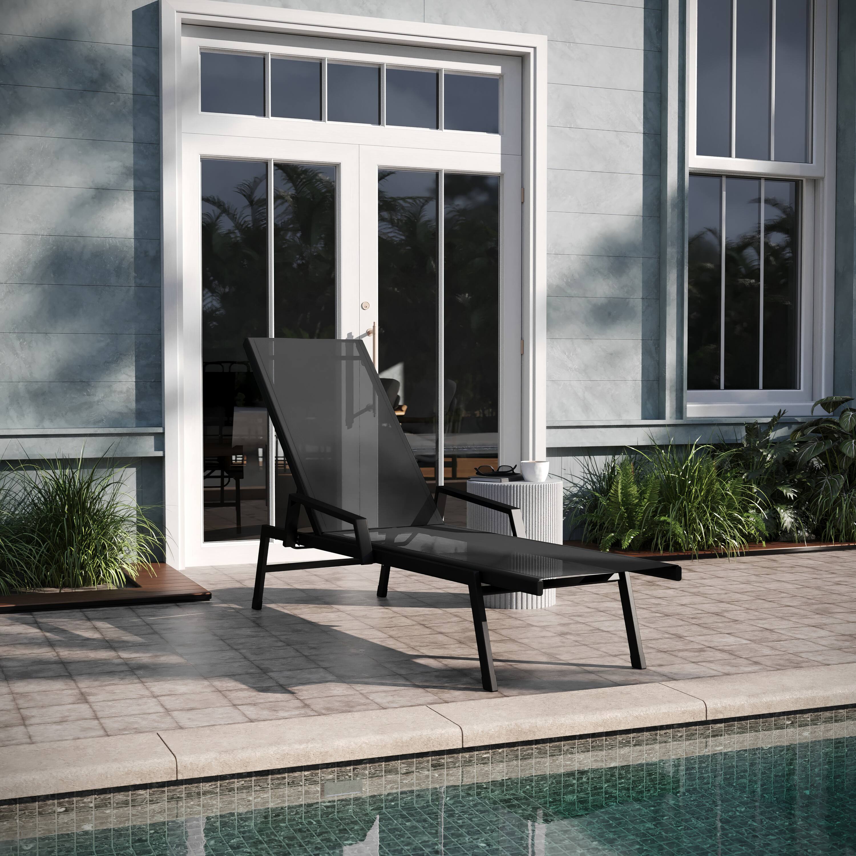 Alt View 1. Emma + Oliver - Braelin Textilene Adjustable 5 Position Patio Chaise Lounge with Armrests and Metal Frame - Black/Black.