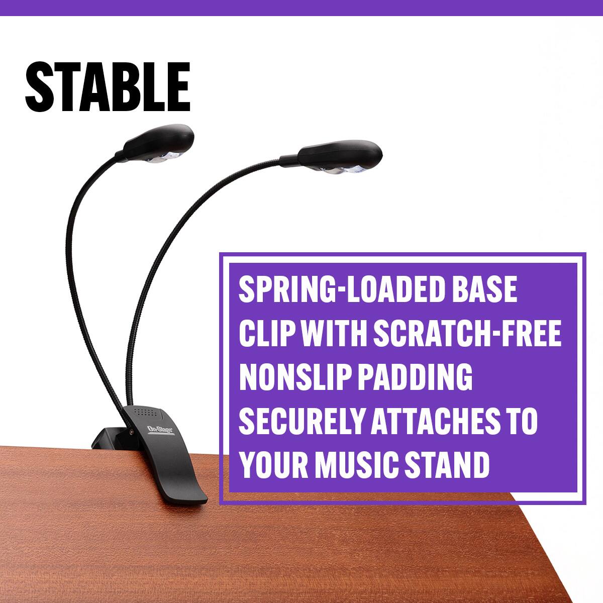 STABLE SPRING-LOADED BASE CLIP WITH SCRATCH-FREE NONSLIP PADDING SECURELY ATTACHES TO YOUR MUSIC STAND