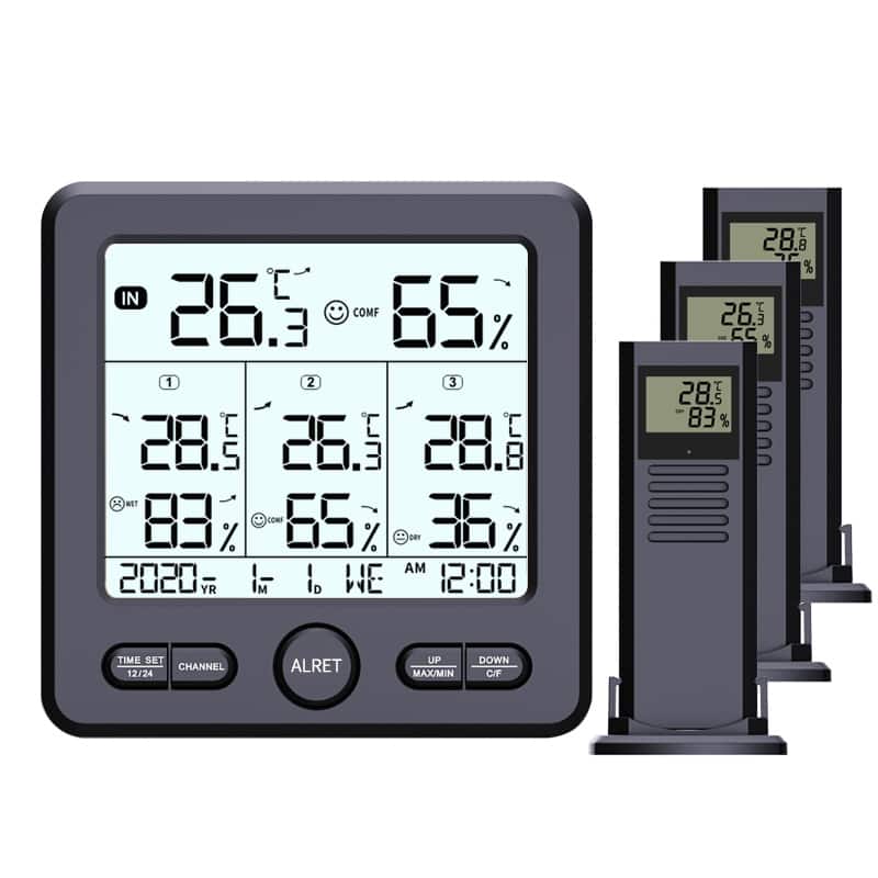 Cluzine - 3-in-1 Wireless Indoor Outdoor Thermometer Hygrometer, Large Screen Digital Monitor with Color Alarm Function