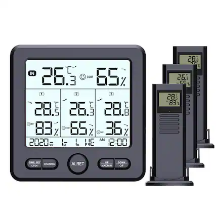 IN 26.3°C COMF 65%
1 28.5°C 83%
2 26.3°C 65%
3 28.8°C 36%
2020 YR 1M 1D WE AM 12:00
TIME SET 12/24
CHANNEL
ALERT
UP MAX/MIN
DOWN C/F