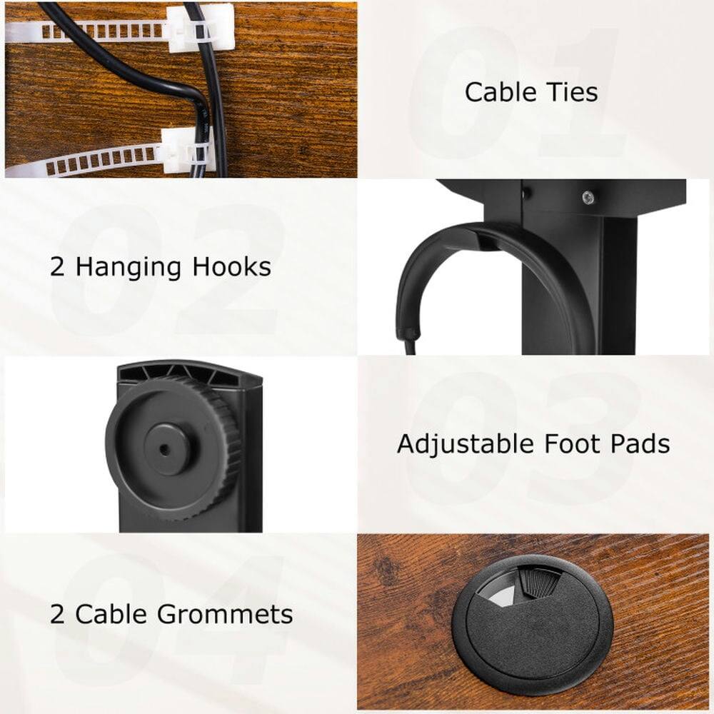 - Cable Ties
- 2 Hanging Hooks
- Adjustable Foot Pads
- 2 Cable Grommets