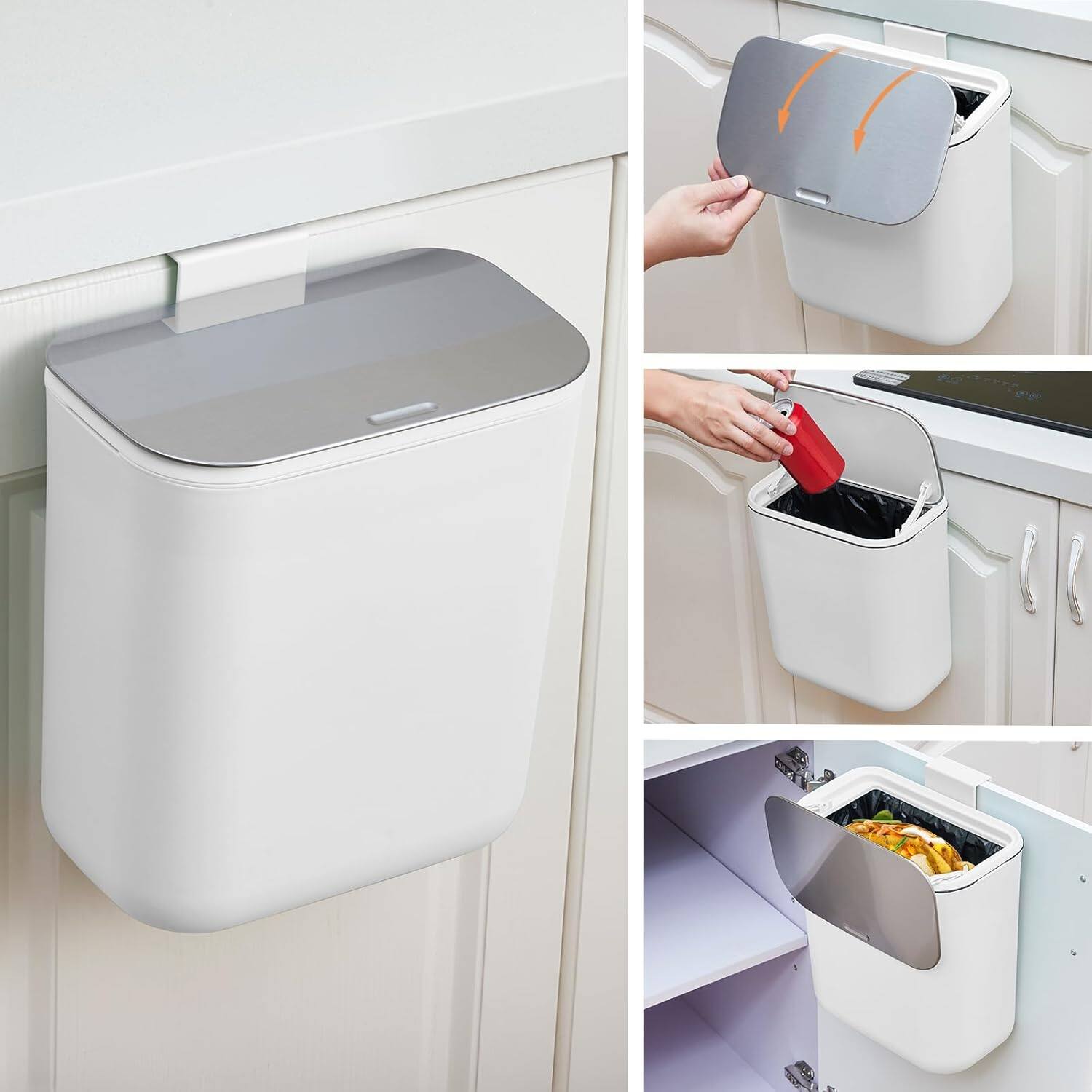 Alt View 4. Qeetex - 1.8 Gallon Hanging Trash Can with Stainless Steel Lid, Under Sink Compost Bin for Kitchen Cabinet Door Mounted, White.