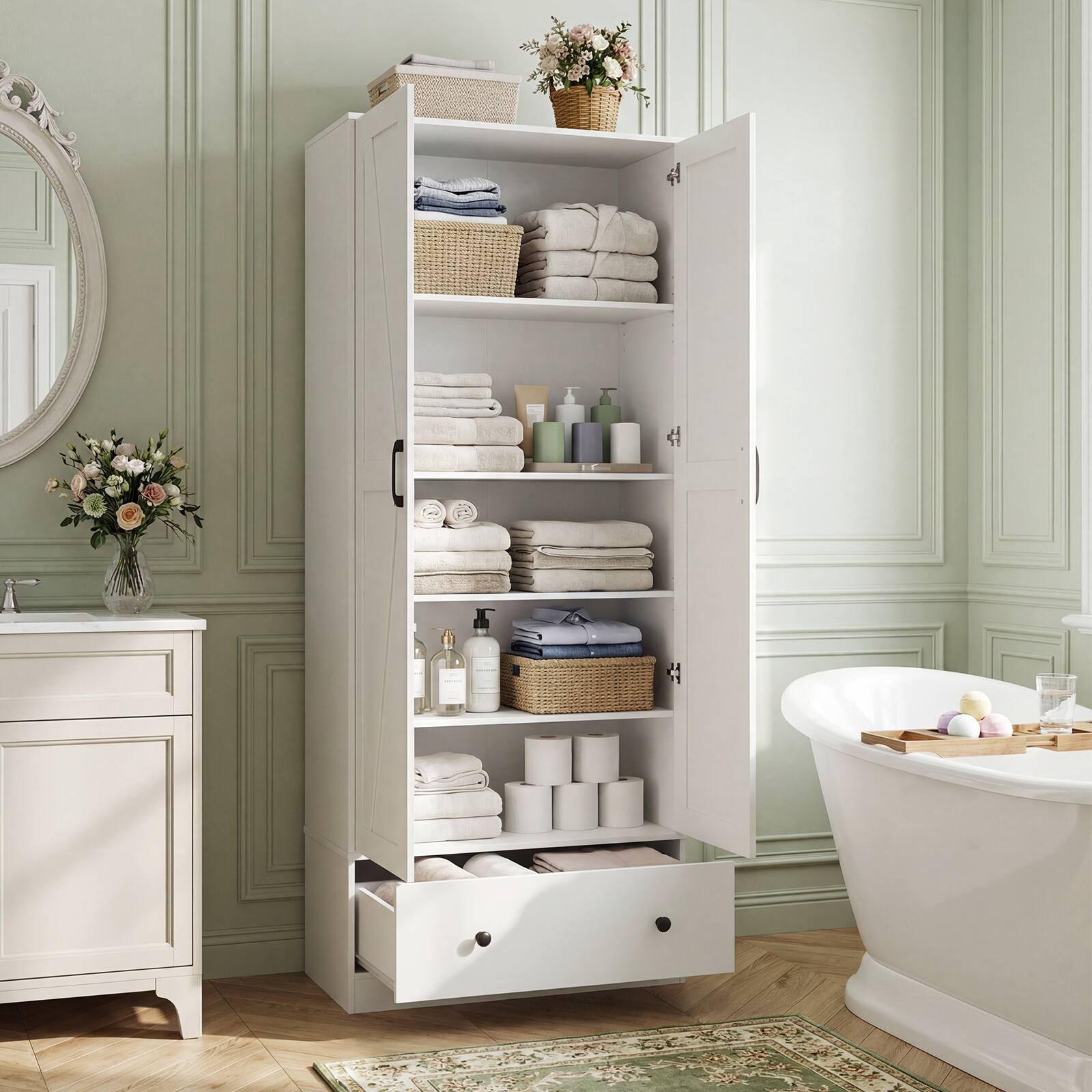 Alt View 3. Costway - Costway 72" Tall Kitchen Pantry Cabinet, Farmhouse Wooden Cupboard with 2 Doors, Drawer - White.