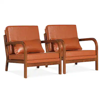 Front. Gymax - Gymax 2PCS Faux Leather Upholstered Armchair w/ Lumbar Pillow Removable Back Brown - Brown.