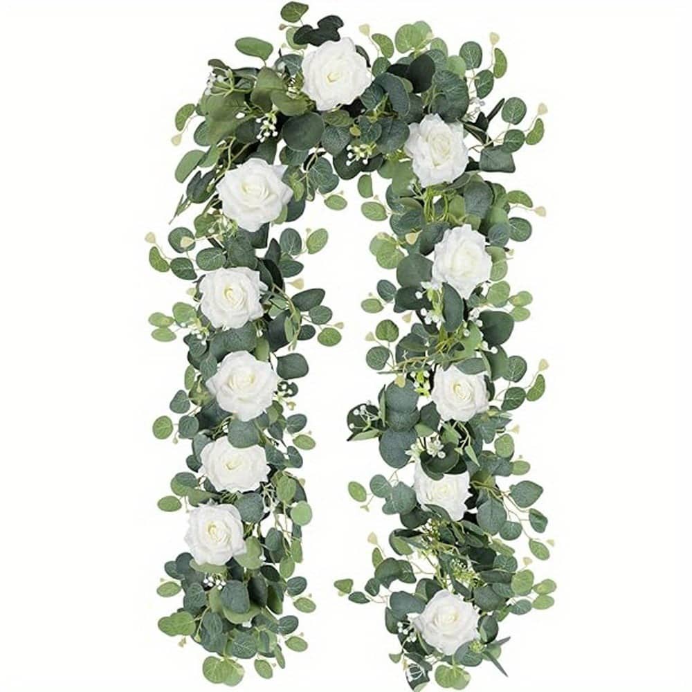 Auledio - 6.56ft Artificial Eucalyptus Garland with 10 White Roses Faux Garland for Wedding Party Table Runner Backdrop Decor - green