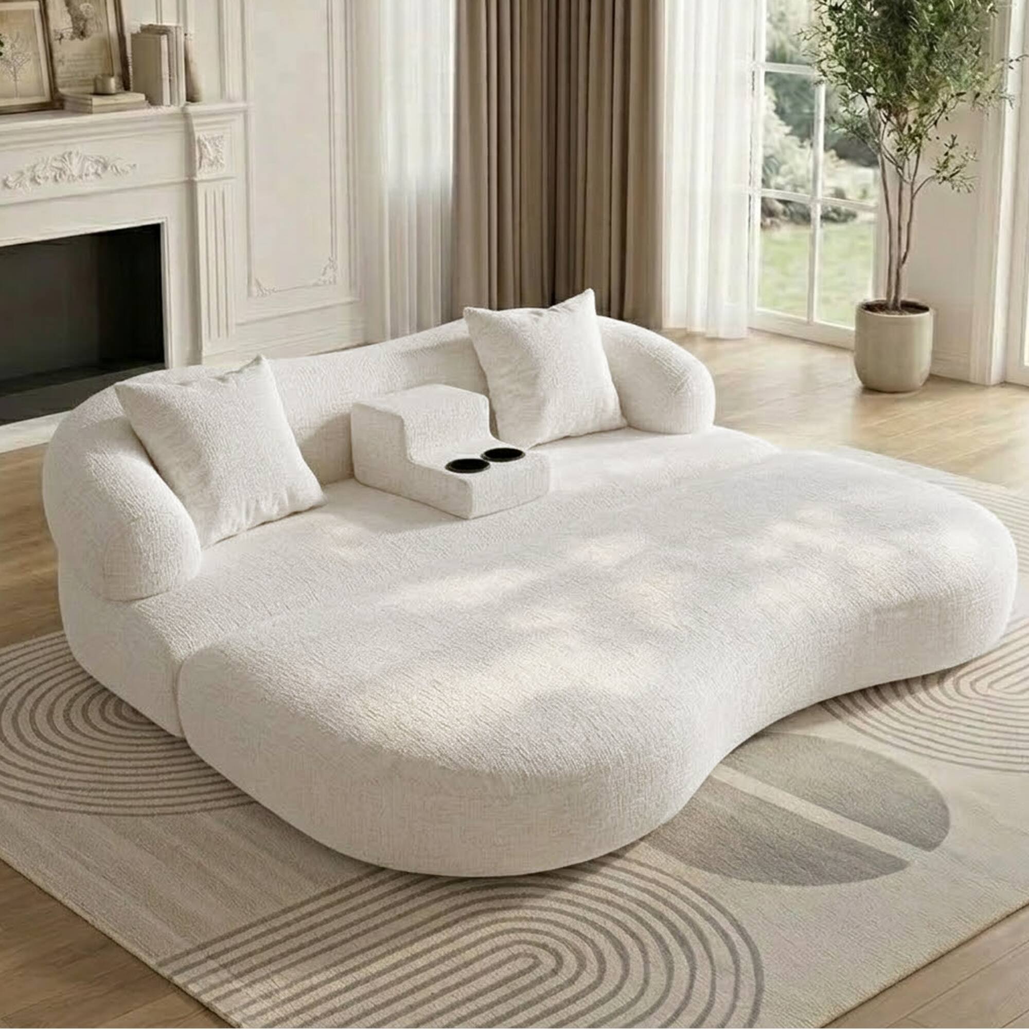 Angle. Anysun - 2-in-1 Modern Curved Boneless Convertible Chenille  Sleeper Sofa Bed with Cup Holders, for Small Spaces - Off White.