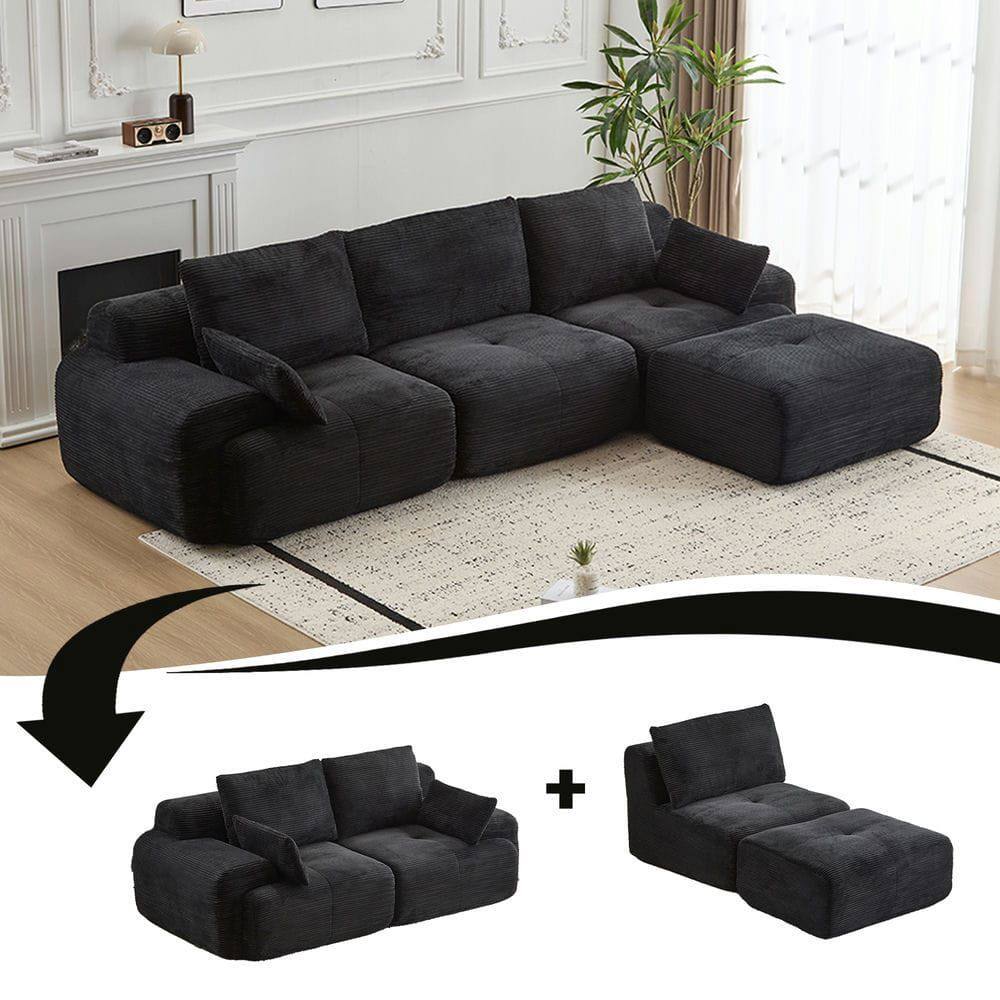Alt View 7. Kadyn - Modern Memory Foam Compressed Sofa, Large Pet-Friendly Sectional Couches, Corduroy Fabric, Black - Black.