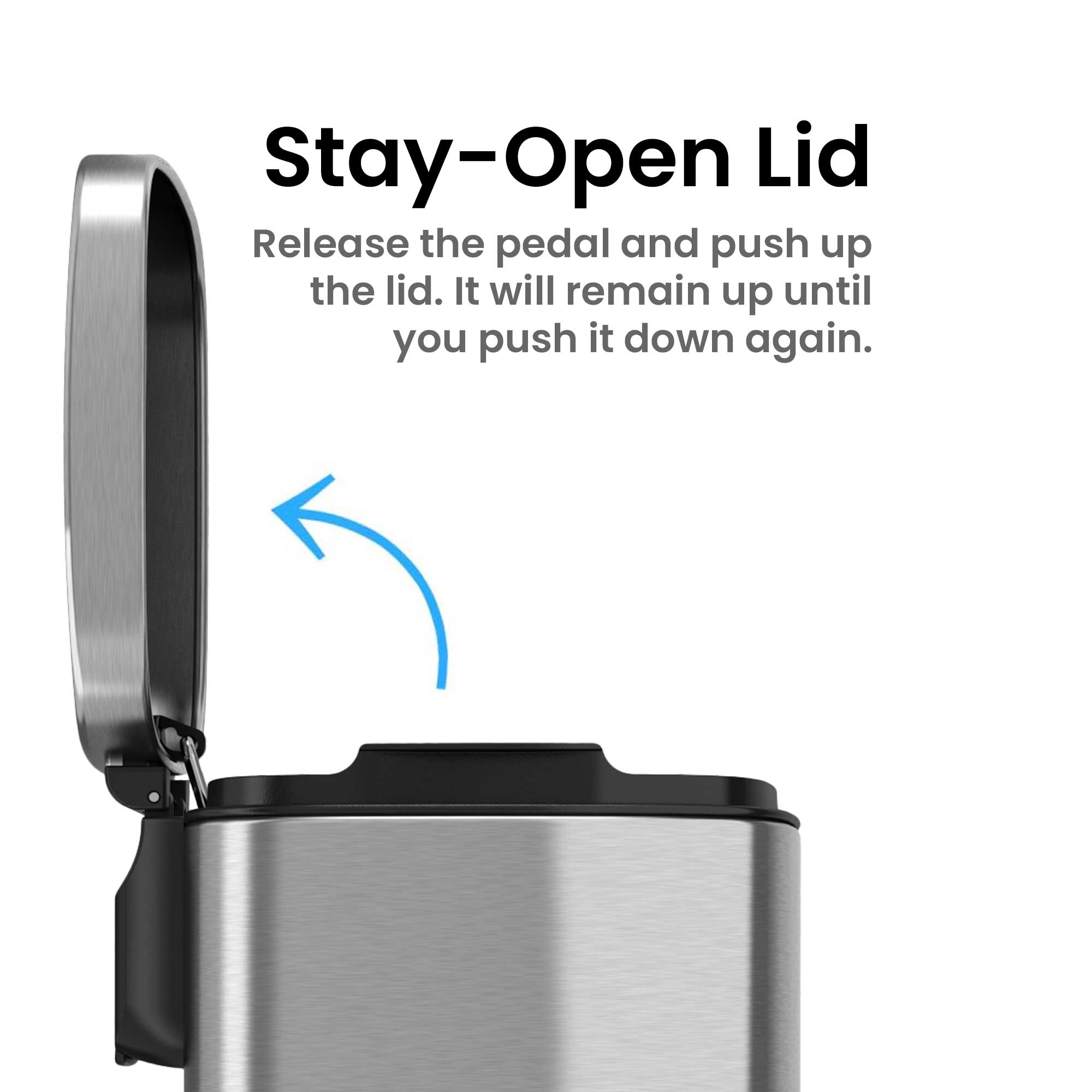 Stay-Open Lid

Release the pedal and push up the lid. It will remain up until you push it down again.