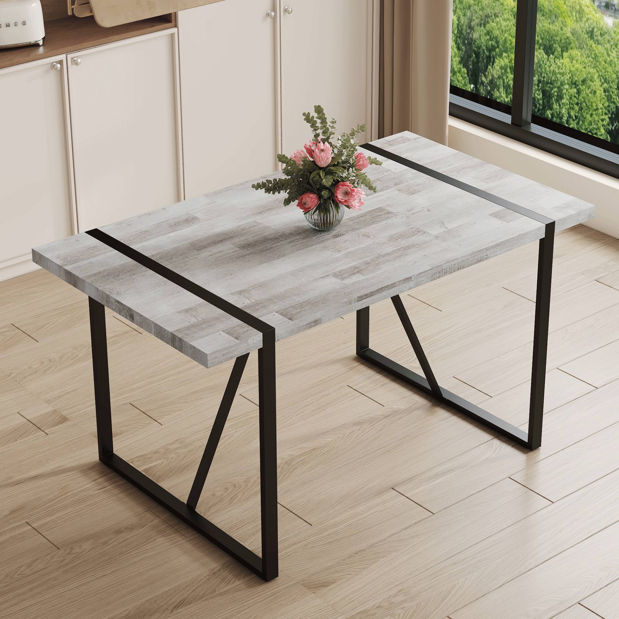 Front. Tiramisubest - Minimalist Retro Rectangular Dining Table with Specially MDF Gray Textured Top and Black Metal Legs - Black,Gray.