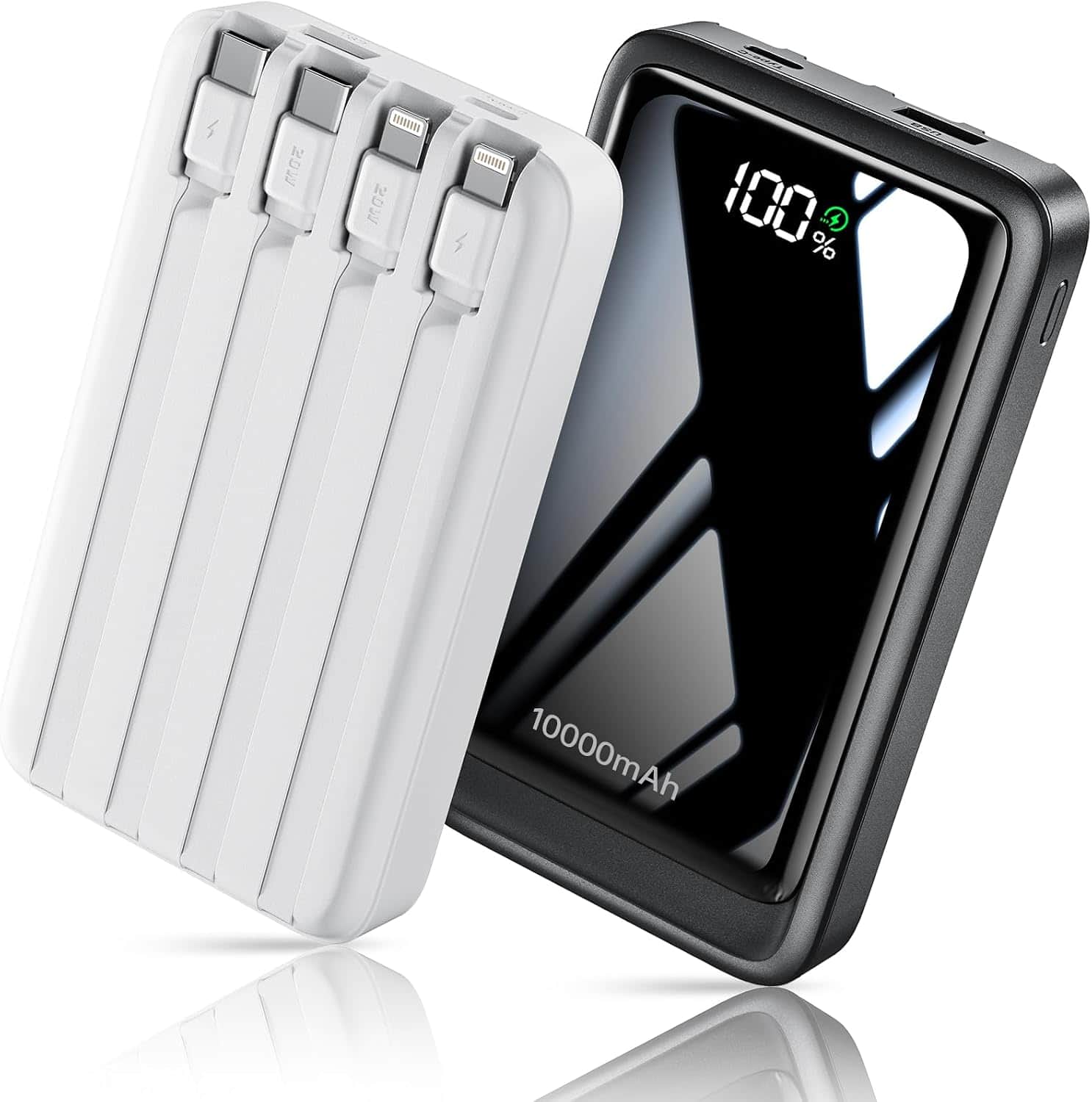 Core Tech - 2-Pack 10000mAh Portable Power Banks with 4 Built-In Cables, 20W Fast Charging and LED Display - Black & White