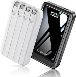 Core Tech - 2-Pack 10000mAh Portable Power Banks with 4 Built-In Cables, 20W Fast Charging and LED Display - Black & White