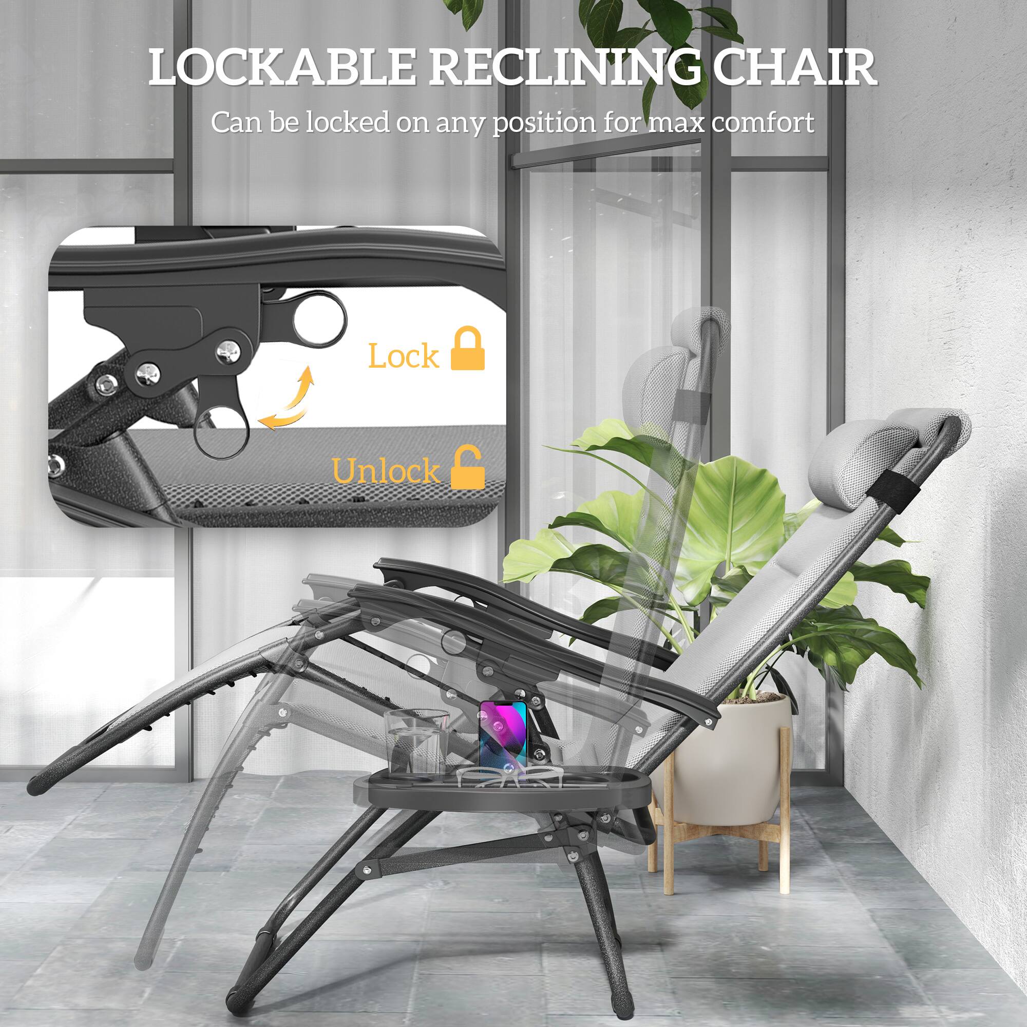 LOCKABLE RECLINING CHAIR Can be locked on any position for max comfort Lock Unlock