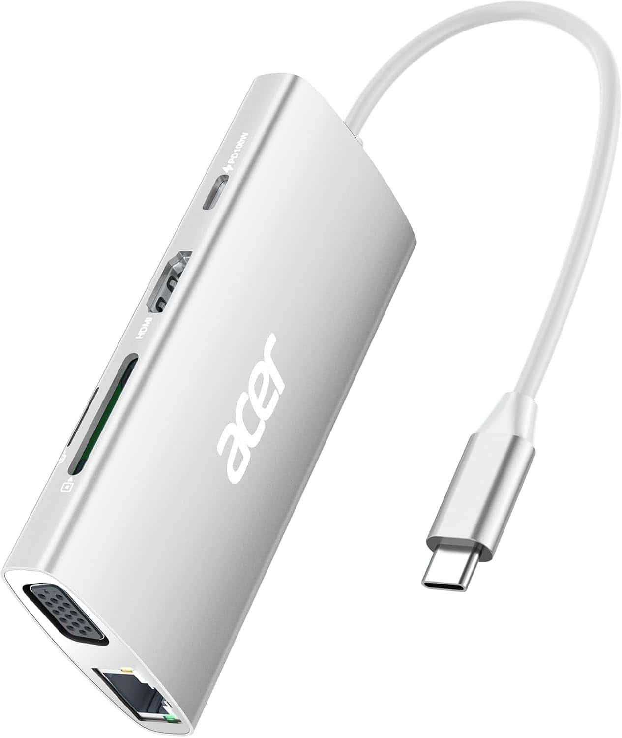 Acer - USB C Hub with 4K HDMI, 9-in-1 USB C to Ethernet Adapter, 5Gbps USBA 3.0 Docking Station, VGA Splitter - Silver