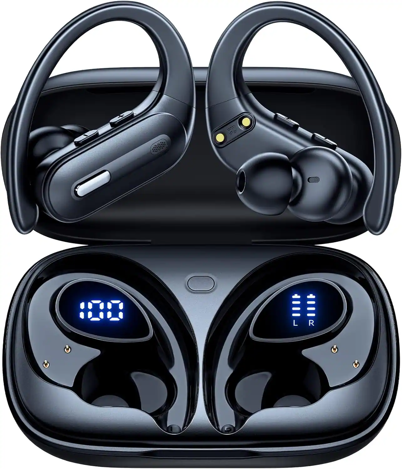 Front. VEAT00L - OFNEX X19 Wireless Earbuds Bluetooth 5.3 Headphones 90 Hrs Playtime Ear buds with Wireless Charging Case Power Display - Black.