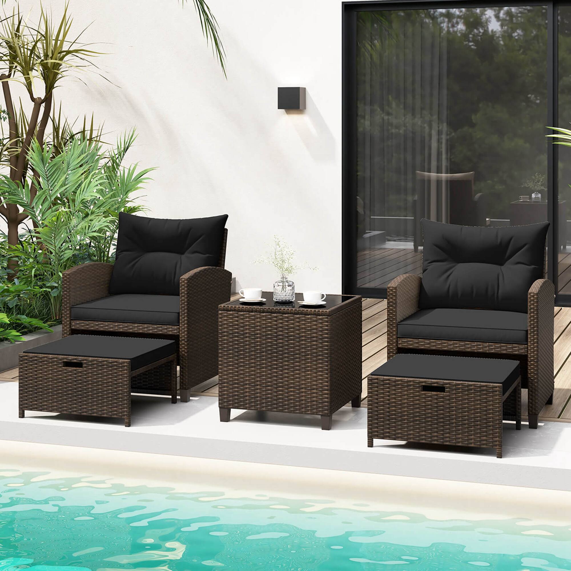 Alt View 1. Costway - 5 Piece Patio Rattan Furniture with 2 Ottomans & Tempered Glass Coffee Table - Black + Mix Brown.