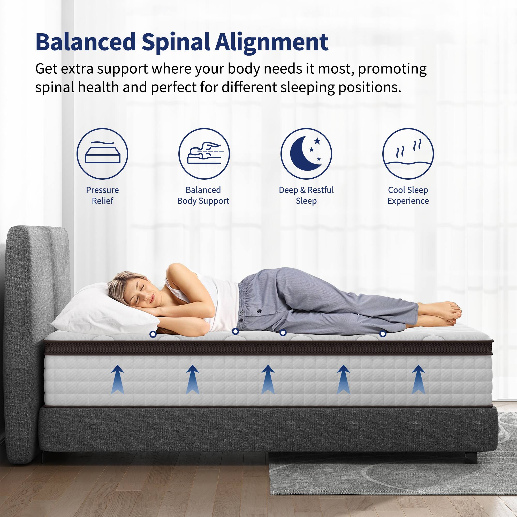 Balanced Spinal Alignment: Get extra support where your body needs it most, promoting spinal health and perfect for different sleeping positions.
Pressure Relief
Balanced Body Support
Deep & Restful Sleep
Cool Sleep Experience