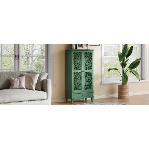 Alt View 7. LUCKY ONE - 55in Freestanding Tall Storage Cabinet with Drawer Carved Doors Solid Wood Legs for Living Room Hallway - Antique Green.