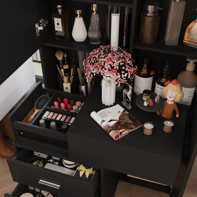 black dressing table and mirror FUFU&GAGA 5-Drawers Black Wood Makeup Vanity Set Dressing Desk W/Stool, LED Round Mirror and Storage Shelves