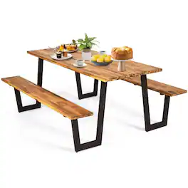 SlickBlue - Modern Wooden Picnic Table with 2 Benches for Outdoor Patio Dining - Brown