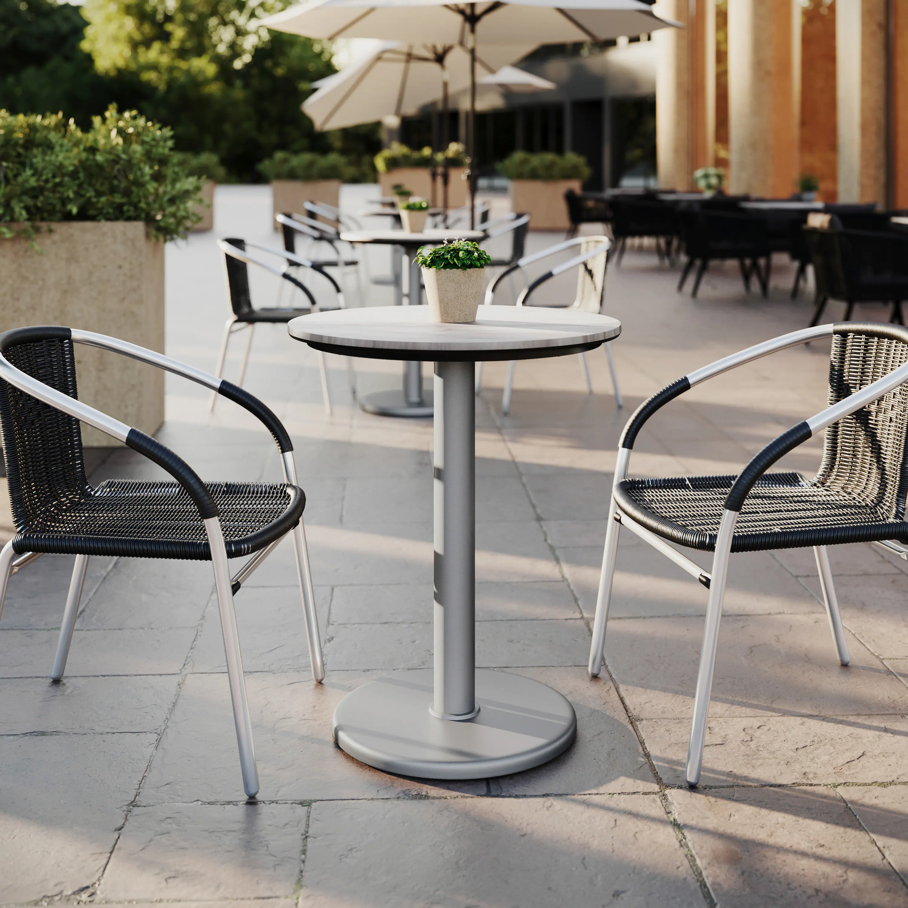 Alt View 1. Emma + Oliver - PureShield Indoor Outdoor Tabletop with Seam-Free Surface Innovation and Cast Iron Bistro Table Base - White Faux Marble/Silver Base.