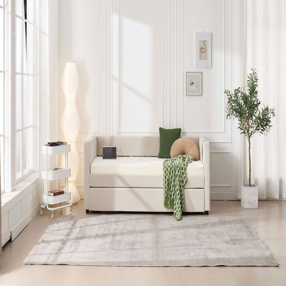 Alt View 6. Kadyn - Twin Upholstered Daybed with Trundle, USB Port & Side Pockets, Modern V-Grain Backrest, No Box Spring - Beige.