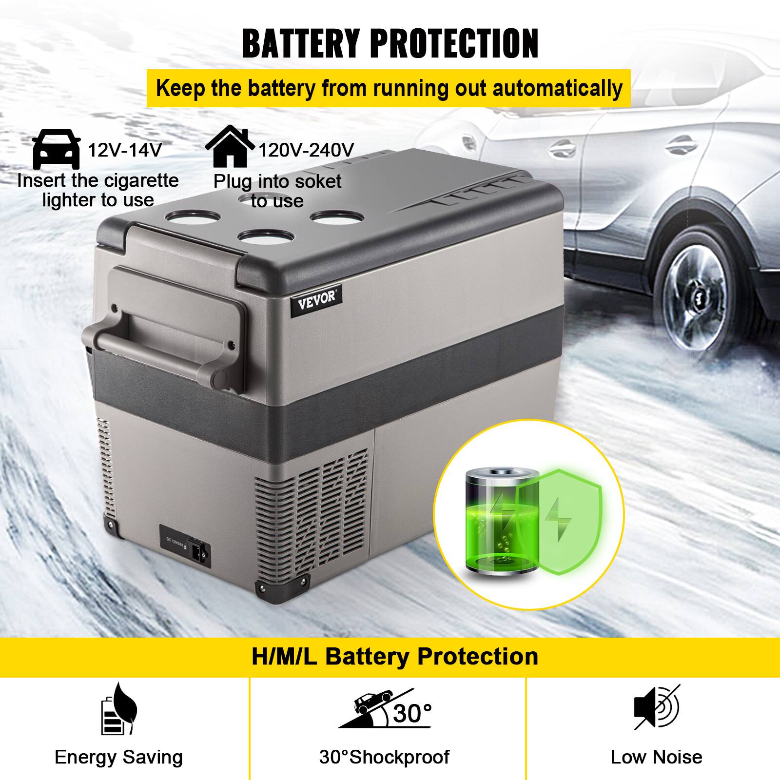 **BATTERY PROTECTION**
Keep the battery from running out automatically

- **12V-14V**: Insert the cigarette lighter to use
- **120V-240V**: Plug into socket to use

**H/M/L Battery Protection**
- 30% Energy Saving
- 30% Shockproof
- Low Noise