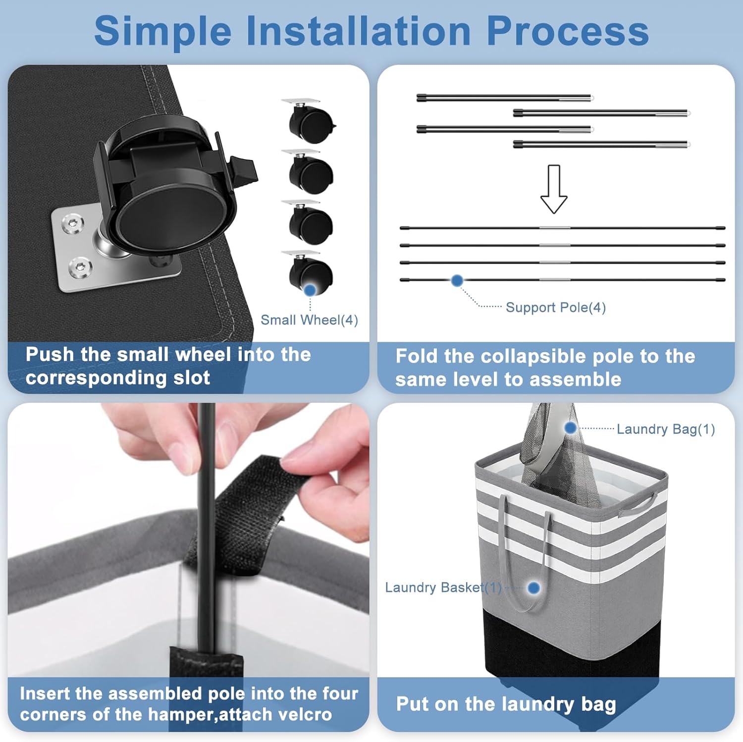 Simple Installation Process

1. Push the small wheel into the corresponding slot
   - Small Wheel(4)

2. Fold the collapsible pole to the same level to assemble
   - Support Pole(4)

3. Insert the assembled pole into the four corners of the hamper, attach velcro
   - Laundry Basket(1)

4. Put on the laundry bag
   - Laundry Bag(1)