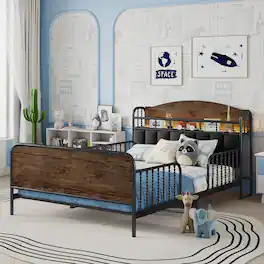 LUCKY ONE - Full Size Kids Metal Platform Bed Frame with Light and Storage Headboard - Black