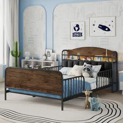 Front. LUCKY ONE - Full Size Kids Metal Platform Bed Frame with Light and Storage Headboard - Black.