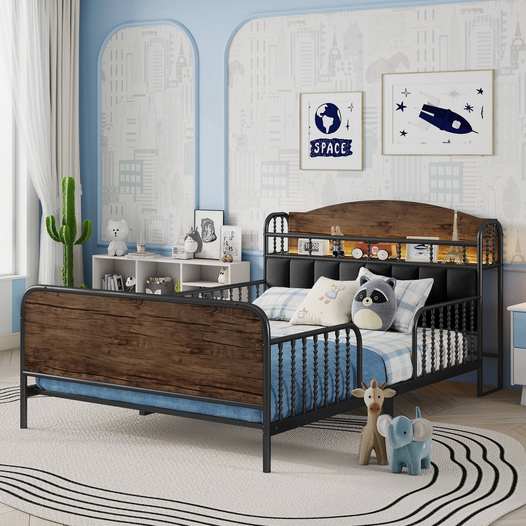 Front. LUCKY ONE - Full Size Kids Metal Platform Bed Frame with Light and Storage Headboard - Black.