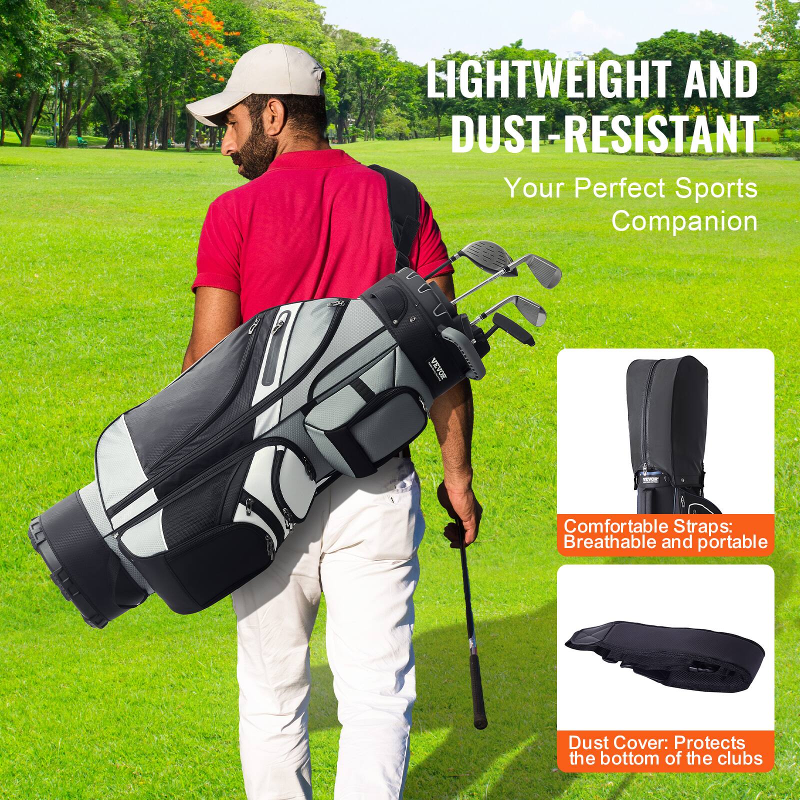 LIGHTWEIGHT AND DUST-RESISTANT  
Your Perfect Sports Companion  

Comfortable Straps: Breathable and portable  

Dust Cover: Protects the bottom of the clubs