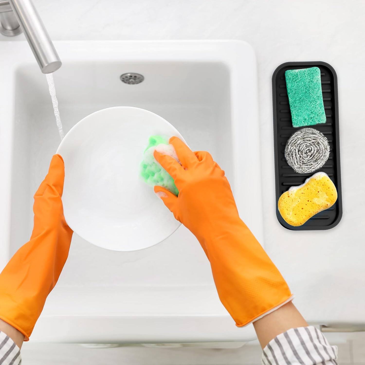 Angle. Zulay Kitchen - Zulay Kitchen (9x3.5) Silicone Sponge Holder for Kitchen Sink - Flexible Multipurpose Soap Tray - Black.