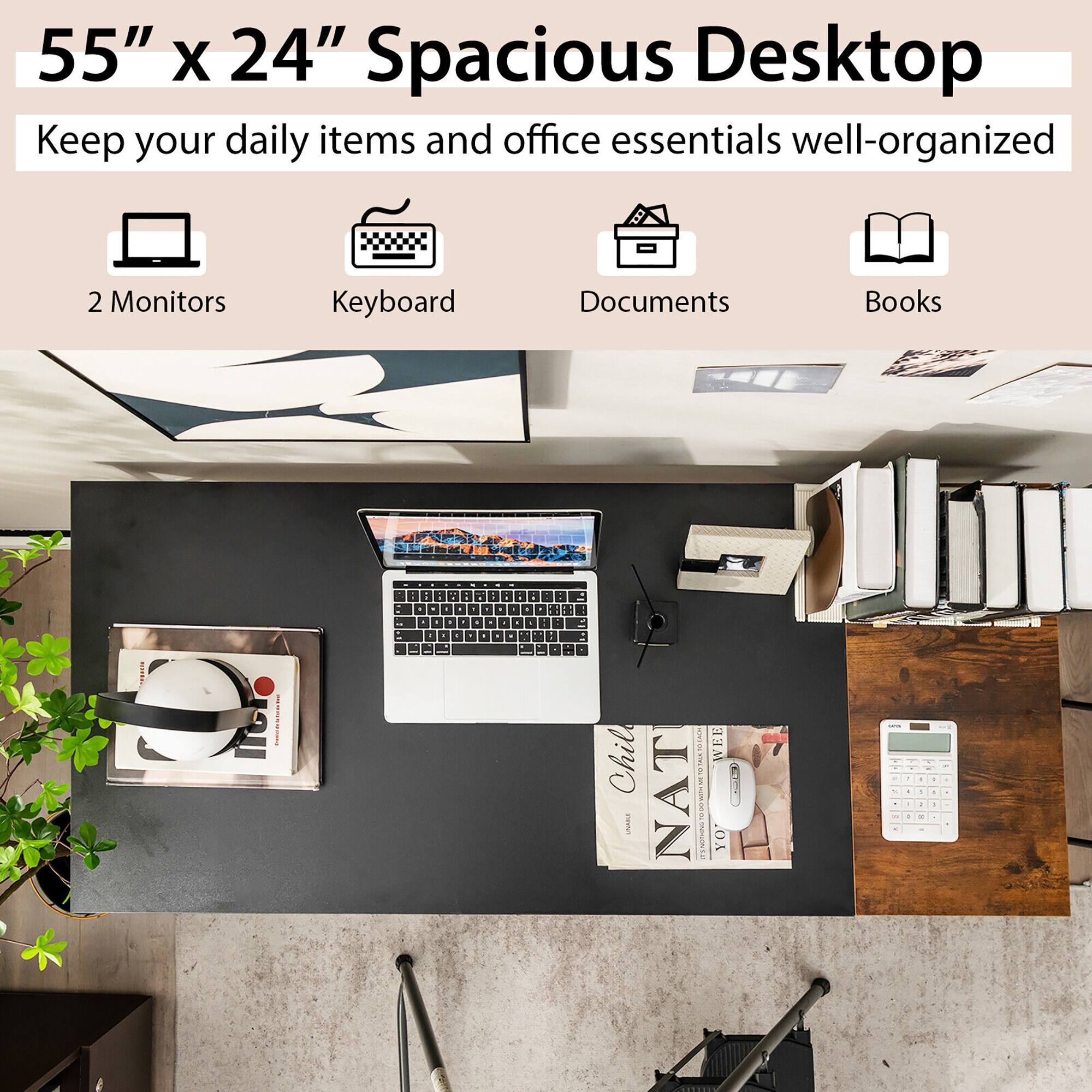 55" X 24" Spacious Desktop: Keep your daily items and office essentials well-organized.

Features:

* 2 Monitors
* Keyboard
* Documents
* Books

This image showcases a well-organized workspace with a laptop, keyboard, and various books and documents neatly arranged on a desk. The desk is described as spacious, which suggests that it can accommodate multiple items and provide ample space for work and organization. The presence of two monitors indicates that the user may require additional screen real estate for multitasking or enhanced productivity. The inclusion of books and documents further emphasizes the workspace's functionality and organization. Overall, the image presents a practical and efficient workspace for daily tasks and office essentials.